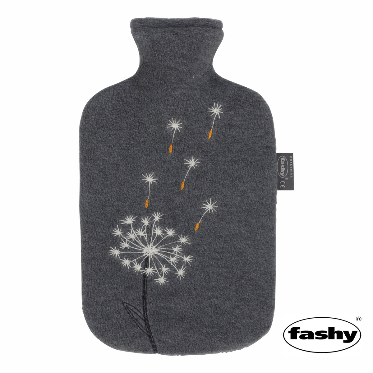 Fashy Wärmflasche 2,0 L mit Flauschbezug und gestrickter Pusteblume